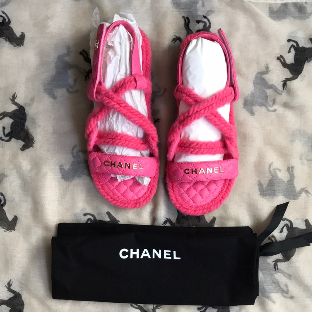 Chanel Sandals, pink cord + lambskin sz 40, new in box